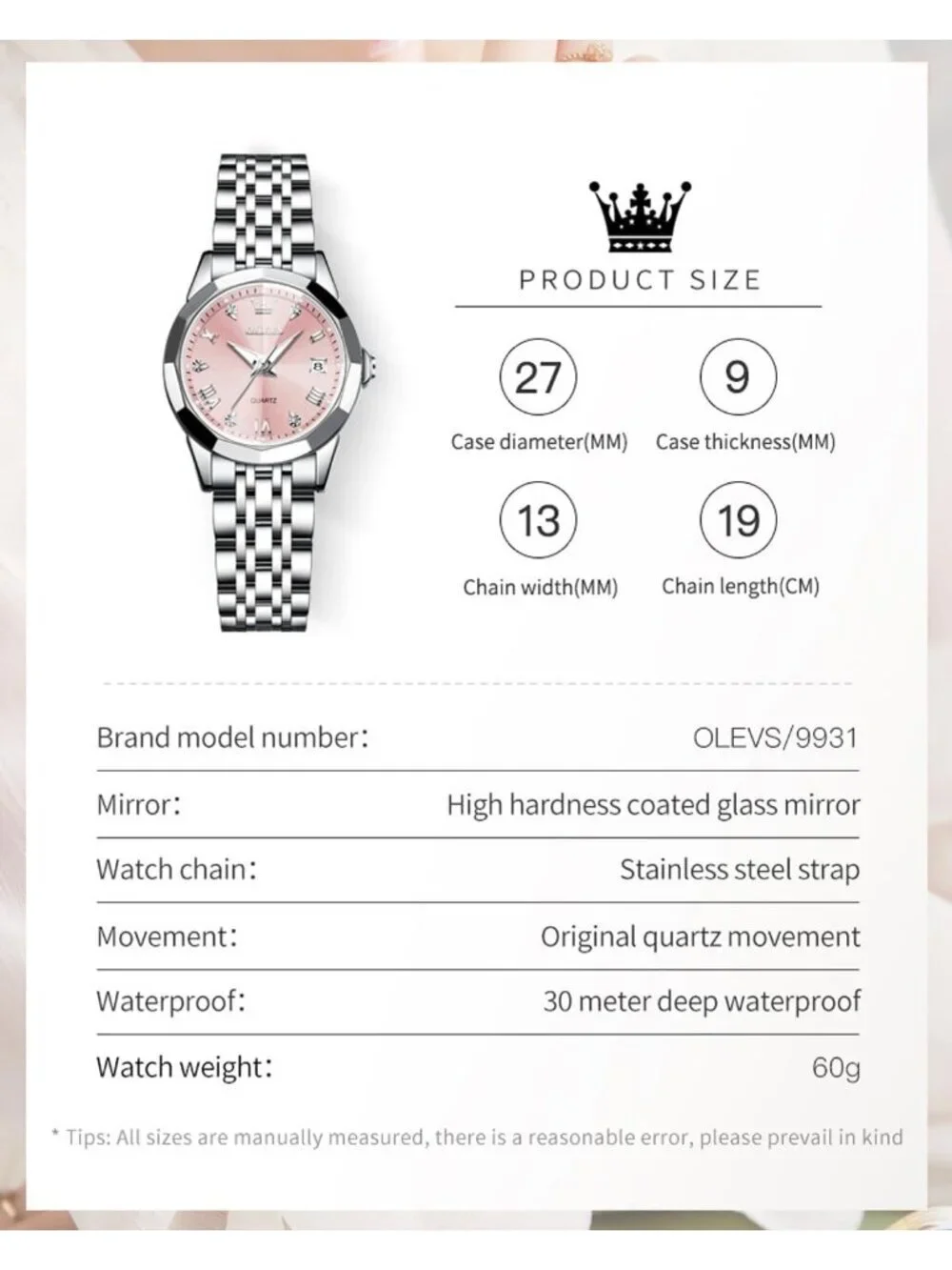 Women's Silver Pink Stainless Steel Luxury Ladies Waterproof Writs Diamond Watch